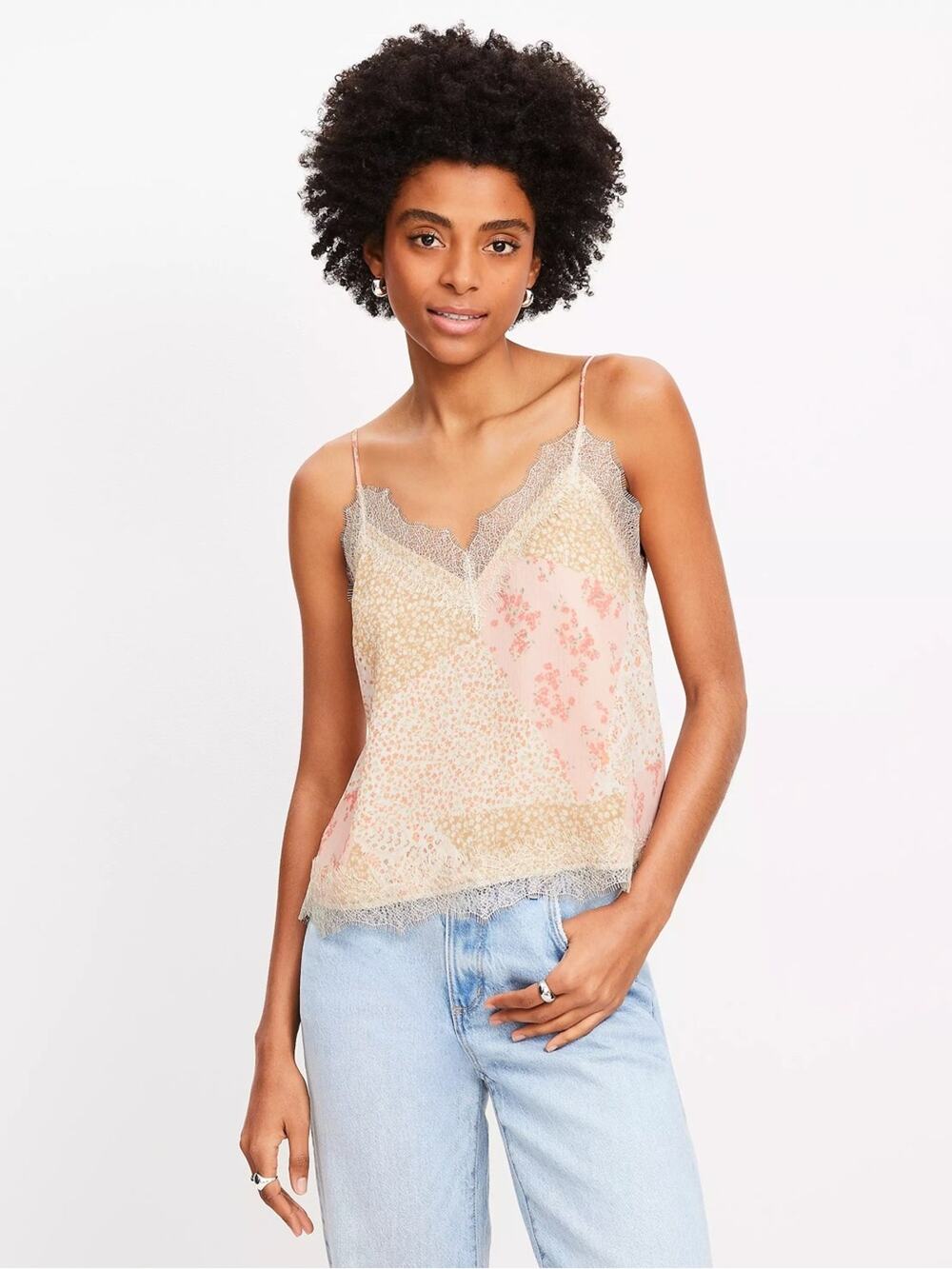 LOFT Floral Lace Trim V-Neck Fairy Cami in Popcorn - Size XL